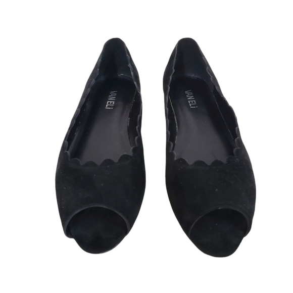 VanEli Black Suede Scalloped Peep Toe Flats EUC - Picture 2 of 7